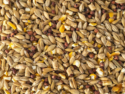 A close-up of Topflite Lucky Duck feed, showcasing a mix of grains